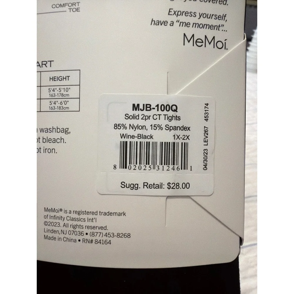MeMoi Curvy Control Top Opaque Tights 2 Pair Wine Black 1X-2X MJB-100Q
